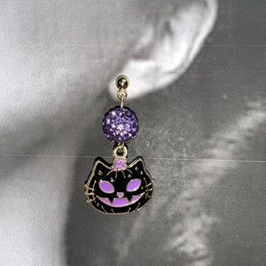 Stud Post Earrings with Drop Dangle Purple Beads and Black Halloween Kitty Cat